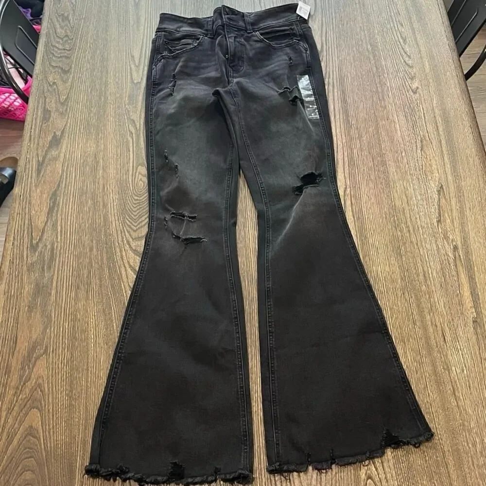 NWT M Jeans by Maurices Flare Mid Rise Distressed Super Stretch Denim Black Sz 6